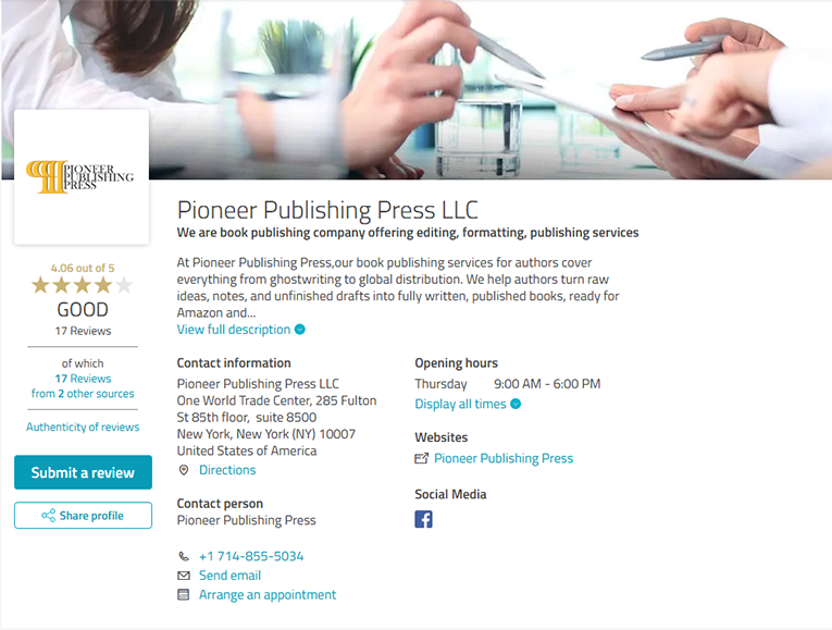 Pioneer Publishing Press ProvenExpert Profile Overview