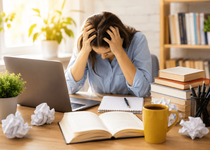 Self-Publishing mistakes illustrated by a frustrated author working at a desk before a book launch