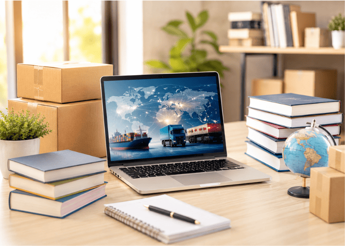 Book distribution workspace with shipping boxes, books, and global logistics displayed on a laptop.