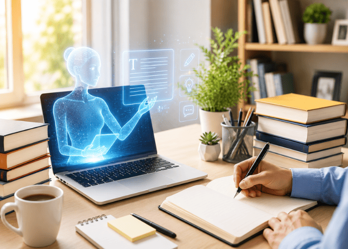 AI Ghostwriter assisting an author with book writing through a holographic AI interface on a laptop.
