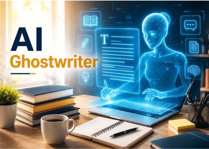 AI Ghostwriter creating book content through a holographic writing assistant in a modern author workspace.