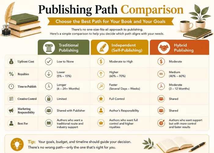 How to publish a book comparison infographic for traditional, self-publishing, and hybrid publishing paths.