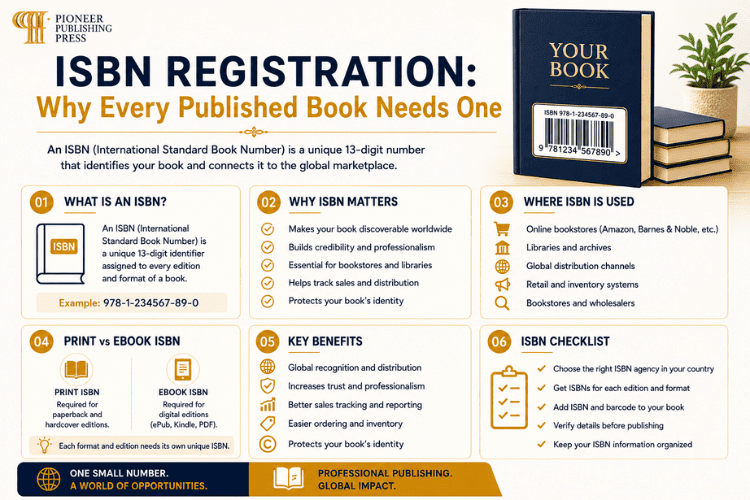 ISBN Registration infographic explaining what an ISBN is, why it matters, and how to register it correctly.