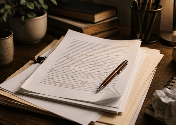 Writing a book manuscript with edited pages and revision notes on a writer's desk.