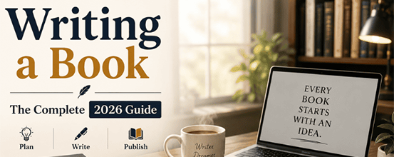 Writing a book guide with a writer's desk, outline notebook, and laptop for planning a manuscript.