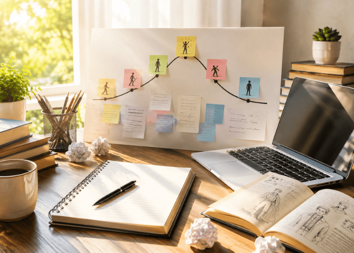 Character arc planning chart showing a protagonist’s journey from conflict to transformation.
