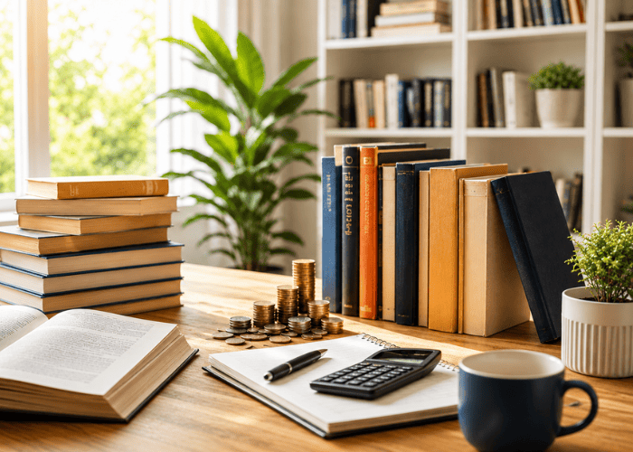 How much does it cost to publish a book, shown with books, coins, and a calculator on a desk.