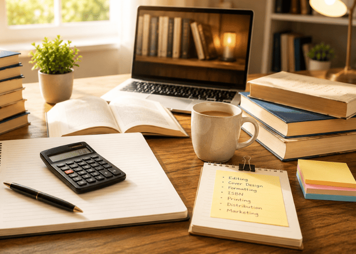 How much does it cost to publish a book? Budget planning with books, calculator, and publishing expenses.