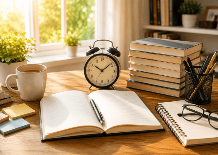 How long does it take to write a book? Writing desk with an open notebook, clock, books, and pen.