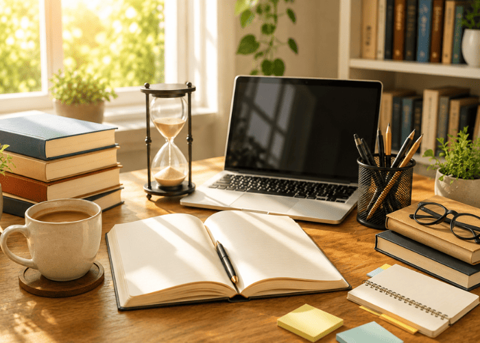How long does it take to write a book? An author’s workspace with an hourglass, laptop, and manuscript.