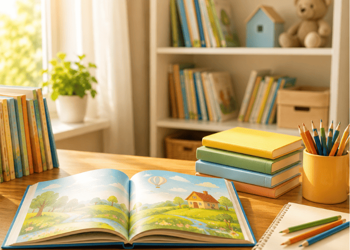 Open illustrated children's book with stacked books and pencils showing how to publish a children's book