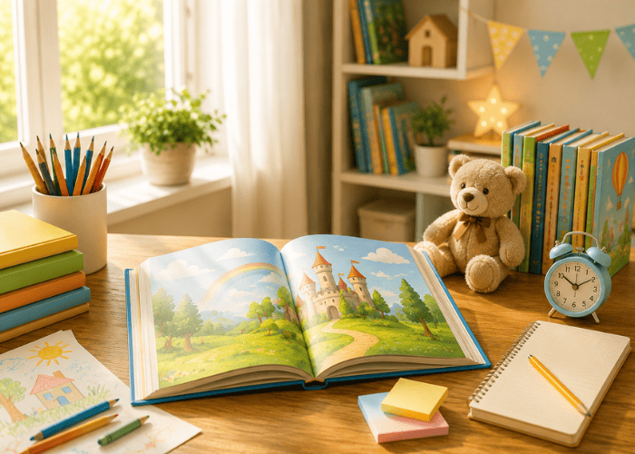 How to publish a children's book with an illustrated storybook, colorful books, pencils, and teddy bear