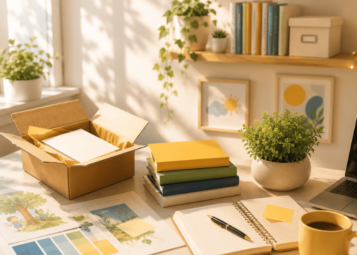 Self publishing packages with book design materials, manuscript pages, and publishing workspace