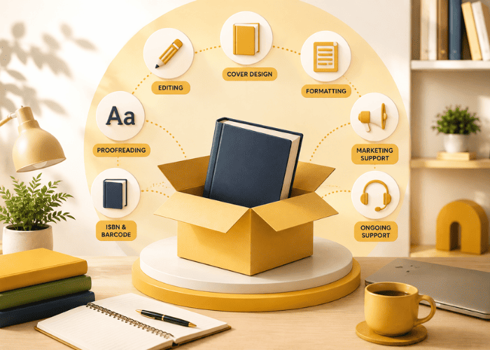 Self-publishing packages shown with editing, design, formatting, ISBN, and distribution services