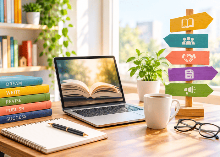 How to get a publisher for a book with manuscript, laptop, and six publishing path signs