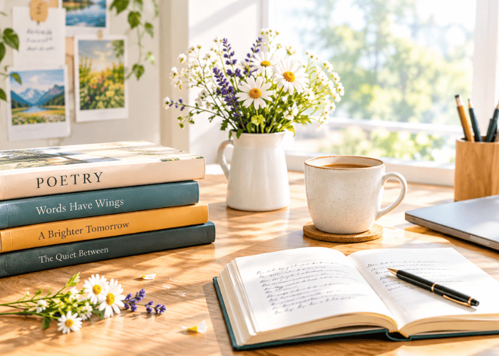 How to publish a poetry book with handwritten verses, poetry pages, and a finished book on a bright desk