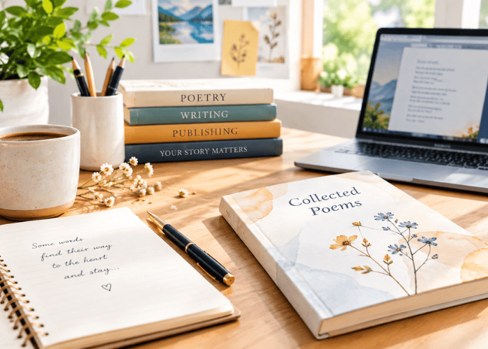 How to publish a poetry book with a collected poems cover, handwritten verse, and publishing workspace