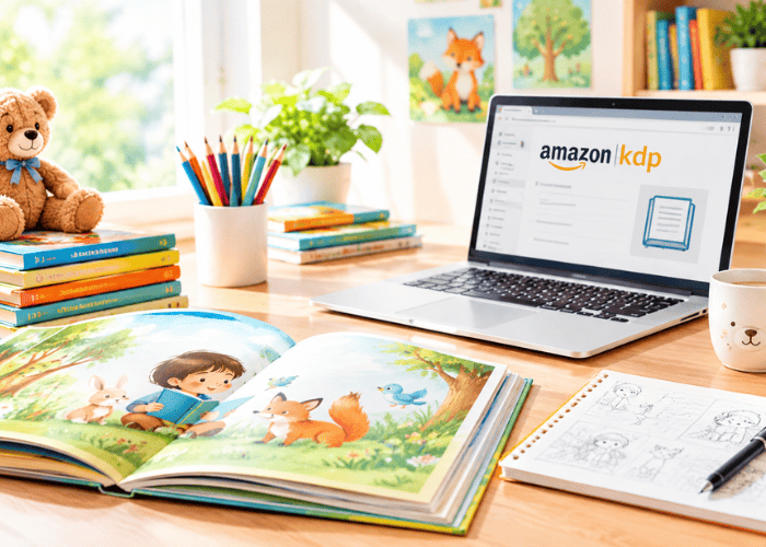 How to Self Publish a Children's Book with a colorful storybook, KDP setup, and author workspace