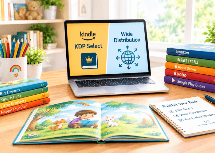KDP Select vs wide distribution for a children’s book, shown with Amazon, Kobo, and Apple Books