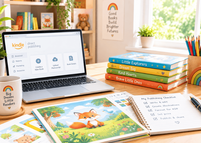 KDP children’s book publishing setup with colorful storybooks, manuscript pages, and a publishing checklist