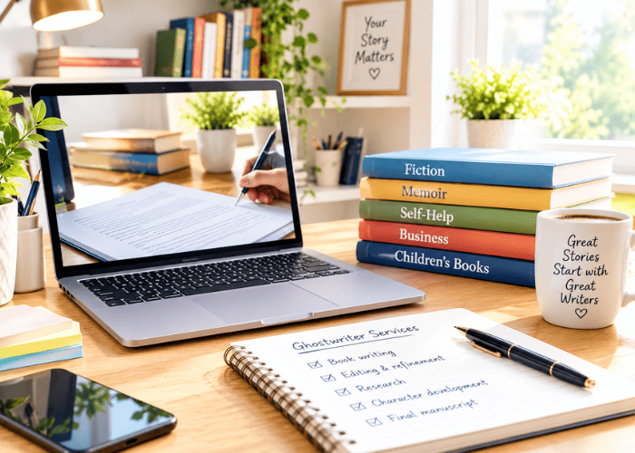 How much does a ghostwriter cost, shown through a professional writing workspace and ghostwriting project checklist