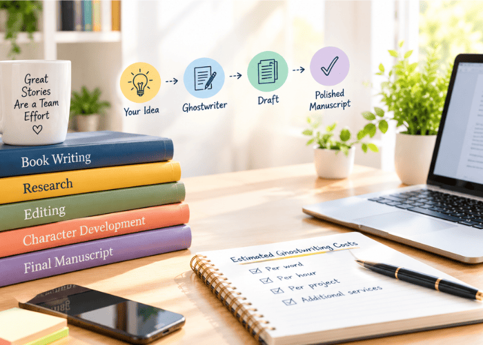 Ghostwriting cost guide showing per-word, hourly, and project pricing alongside the book-writing process