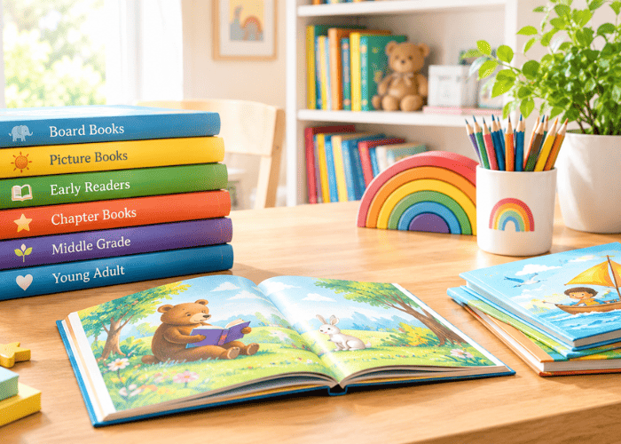 Types of children's books shown through board books, picture books, early readers, and chapter books
