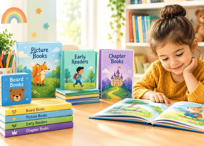 Types of children's books shown through board books, picture books, early readers, and chapter books