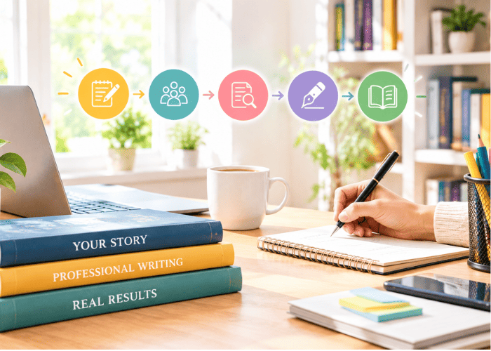 A visual look at the ghostwriting process, following a book from initial ideas through drafting, revision, and publication.