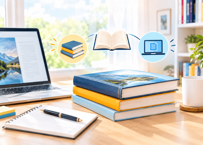 Hybrid publishing concept showing print books and digital publishing connected through a shared workflow