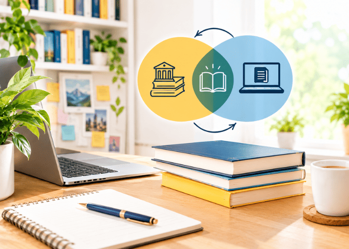 A hybrid publishing concept combining traditional print books with digital publishing, highlighting the overlap between both formats