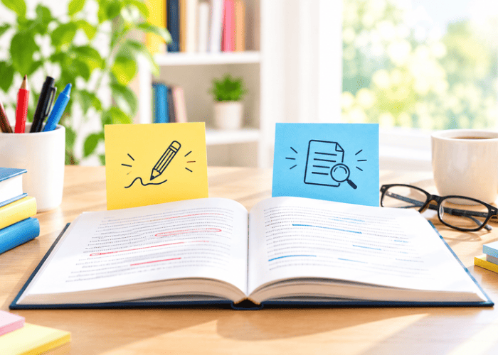 Line editing vs. copy editing shown through red manuscript revisions and blue proofreading marks on an open draft.