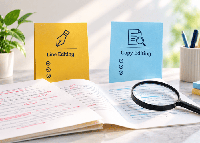 Line editing vs. copy editing, with red manuscript revisions contrasted against blue text checks under a magnifying glass.