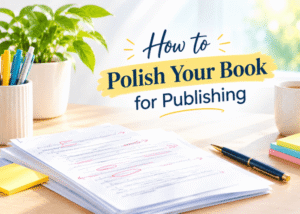 How to Polish Your Book for Publishing with a marked-up manuscript, navy pen, and elegant navy-and-gold title design.