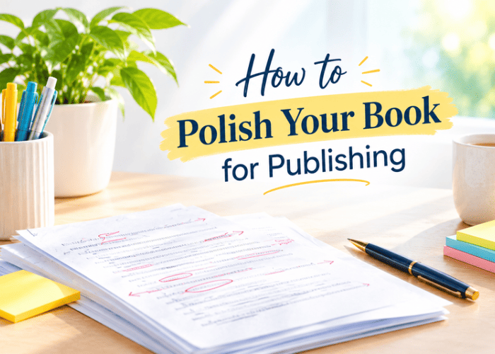 How to Polish Your Book for Publishing with a marked-up manuscript, navy pen, and elegant navy-and-gold title design.