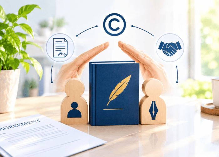 Ghostwriting rights and ownership illustrated by a protected manuscript, copyright symbol, and author–ghostwriter agreement.