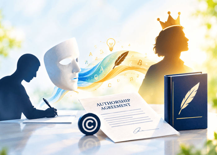 Ghostwriting rights and ownership illustrated by a ghostwriter, an author figure, a copyright symbol, and an authorship agreement.