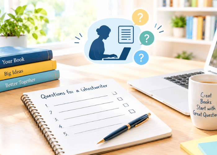 Questions to ask a ghostwriter before paying a deposit, shown on a book project checklist