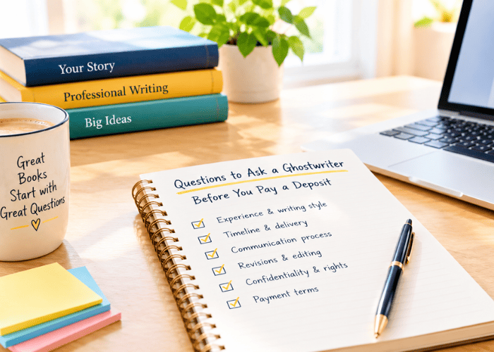 Ghostwriter deposit checklist covering experience, deadlines, revisions, confidentiality, rights, and payment terms