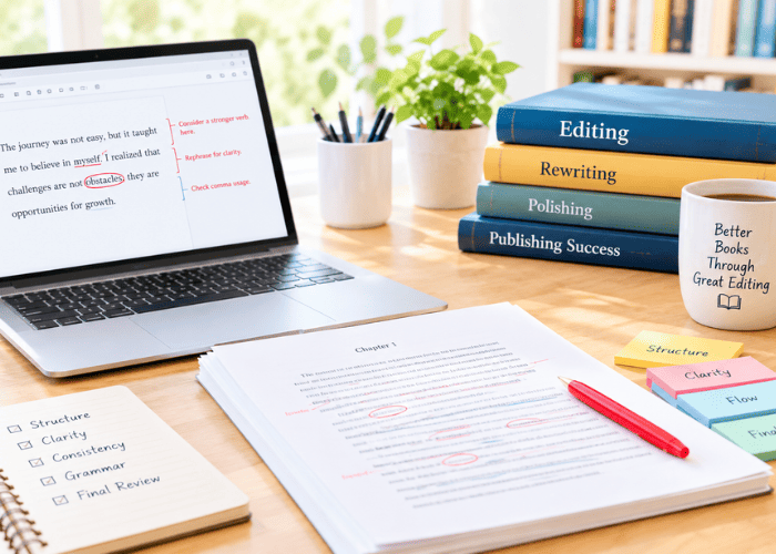 Book editing workspace with marked-up manuscript pages, revision notes, and a professional editing checklist