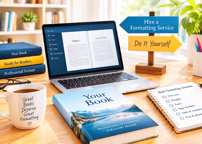 Book formatting services vs DIY layout, showing ebook formatting software, a finished book, and a formatting checklist.