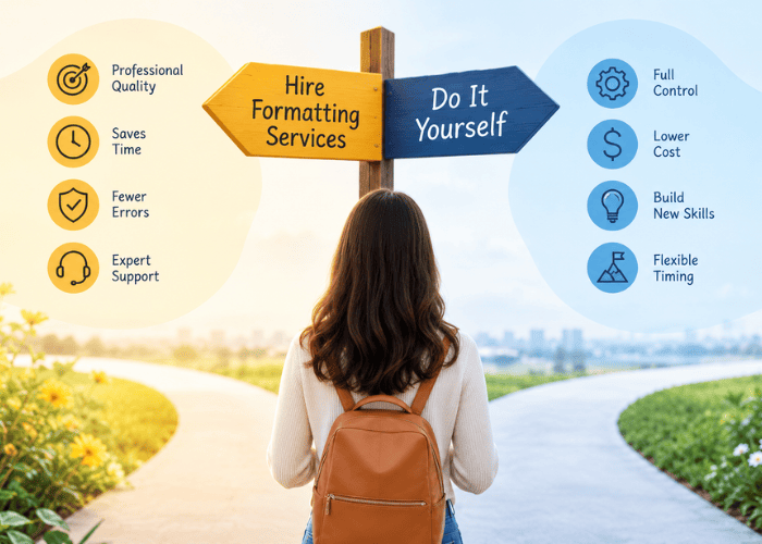 Hire Book Formatting Services or DIY: a writer choosing between expert formatting support and self-formatting.