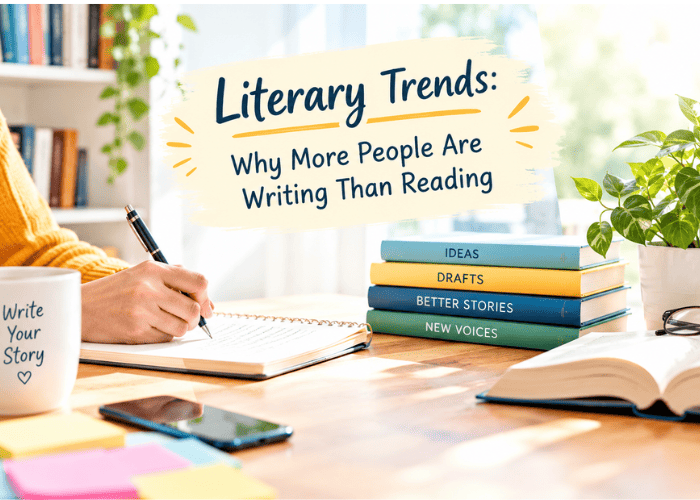 Literary trends explored through a writer drafting a manuscript beside unread books, highlighting the writing-reading gap.