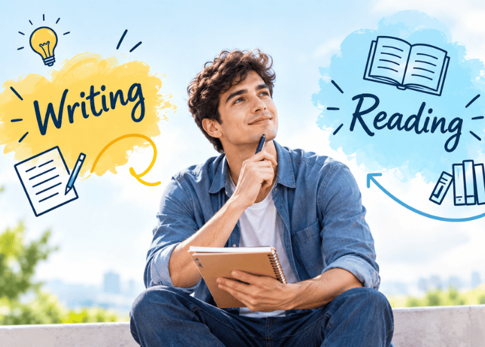 oung male writer weighing writing versus reading, with illustrated lightbulb, manuscript, and book symbols.