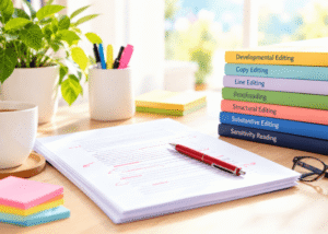 Types of Book Editing shown through a red-marked manuscript and color-coded editing categories for authors.