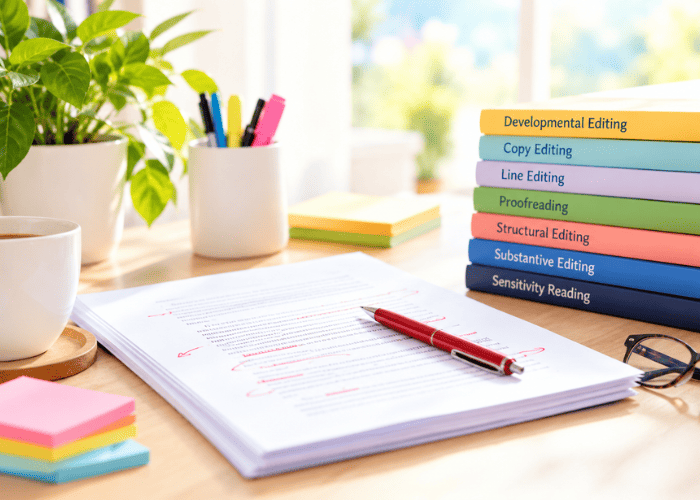 Types of Book Editing shown through a red-marked manuscript and color-coded editing categories for authors.