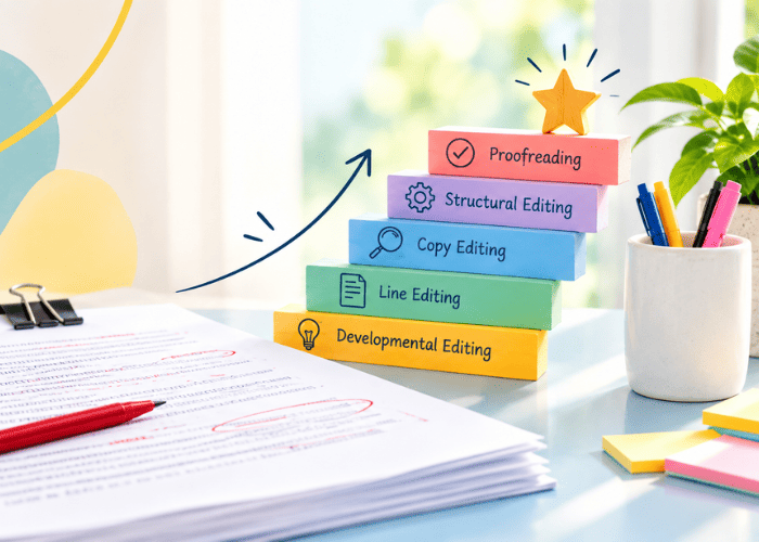 Book editing stages illustrated as colorful steps from developmental editing to proofreading, with a marked-up manuscript.