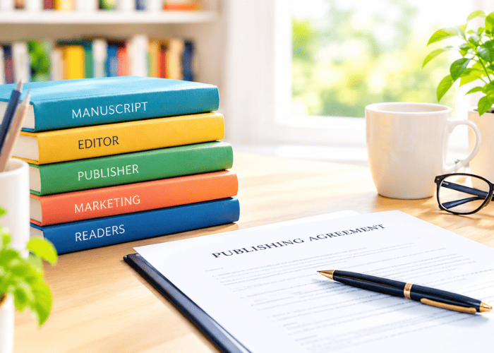 Traditional publishing process represented by color-coded books, a publishing agreement, and a pen beside a bright window.