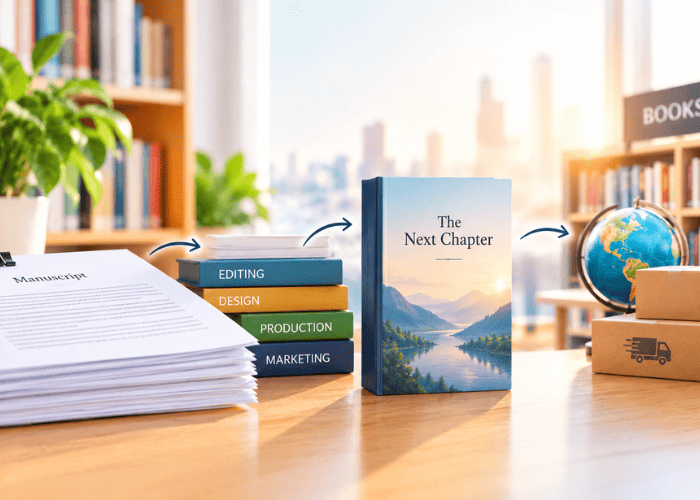 Traditional publishing process showing manuscript editing, book production, and worldwide distribution through bookstores.